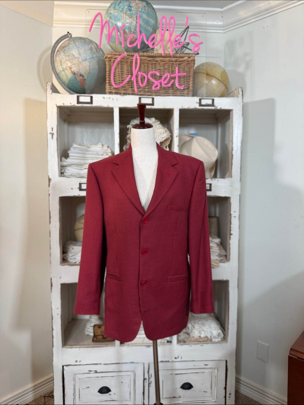 Vintage Versace Men's Red Micro-Check Blazer